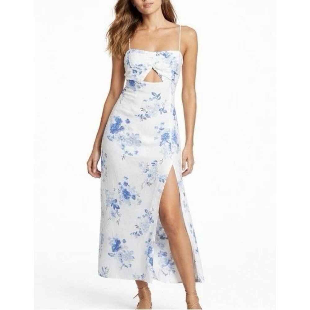 Zara Blue White Floral Cutout Maxi Dress XL Front Slit Coquette Coastal Romantic